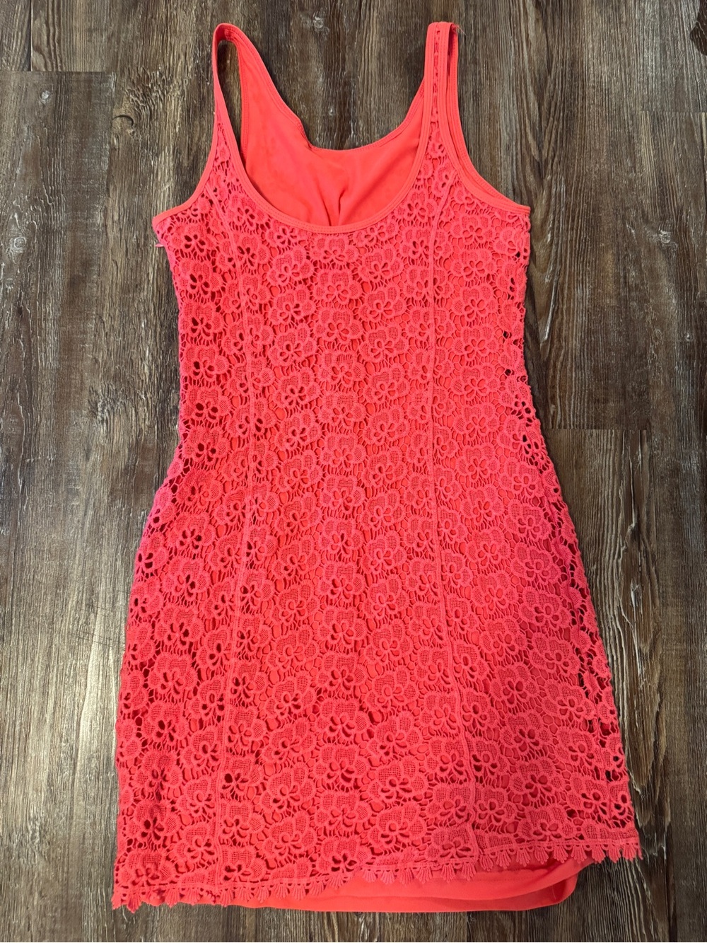 Jennifer Lopez Sleeveless Floral Lace Tank Dress in Bright Coral